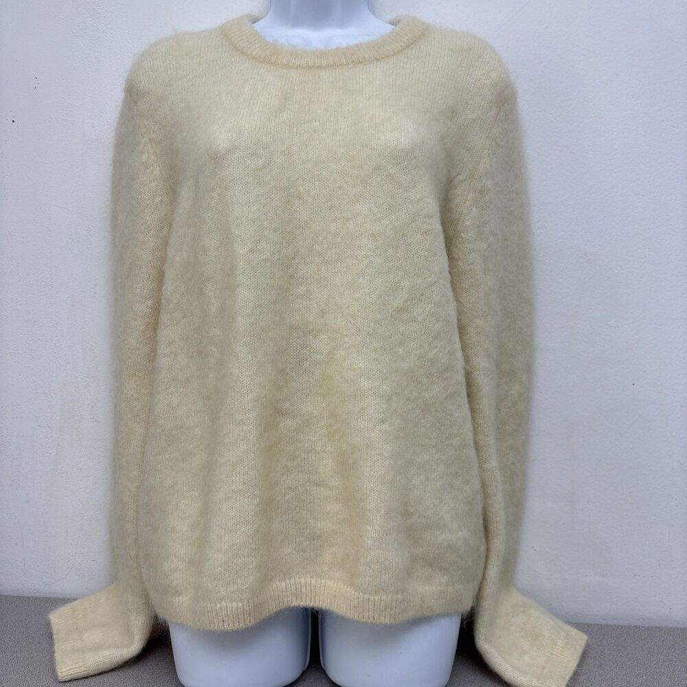 H&M Edition Size Large 32% MOHAIR 32%WOOL Blend Beige Crew Neck Sweater Fuzzy